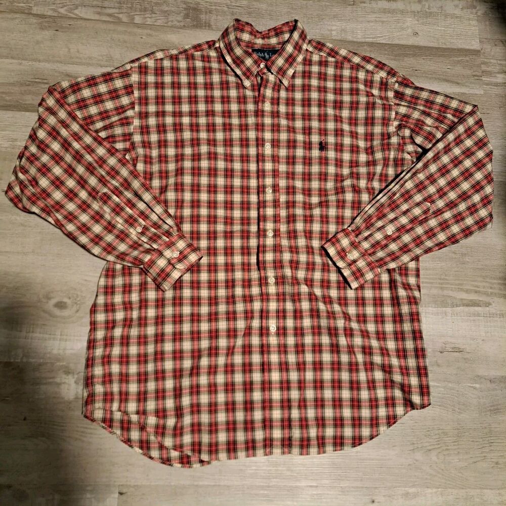 Ralph Lauren Long Sleeve Blake Cotton‎ Button Down Red Tartan Plaid Shirt Large